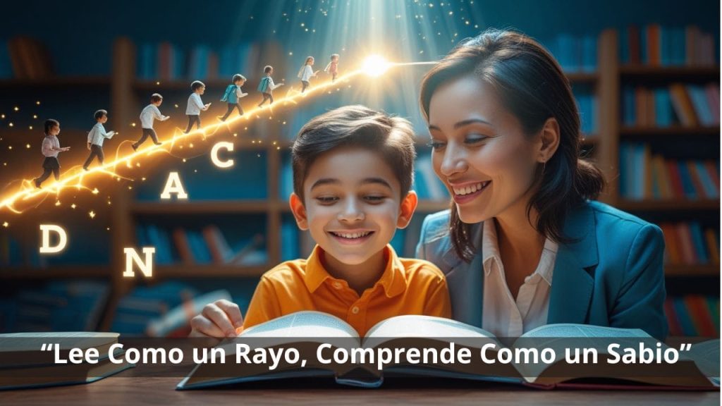 Niño y profesora leyendo juntos con luz de conocimiento, representando velocidad y comprensión lectora.