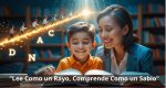 Niño y profesora leyendo juntos con luz de conocimiento, representando velocidad y comprensión lectora.