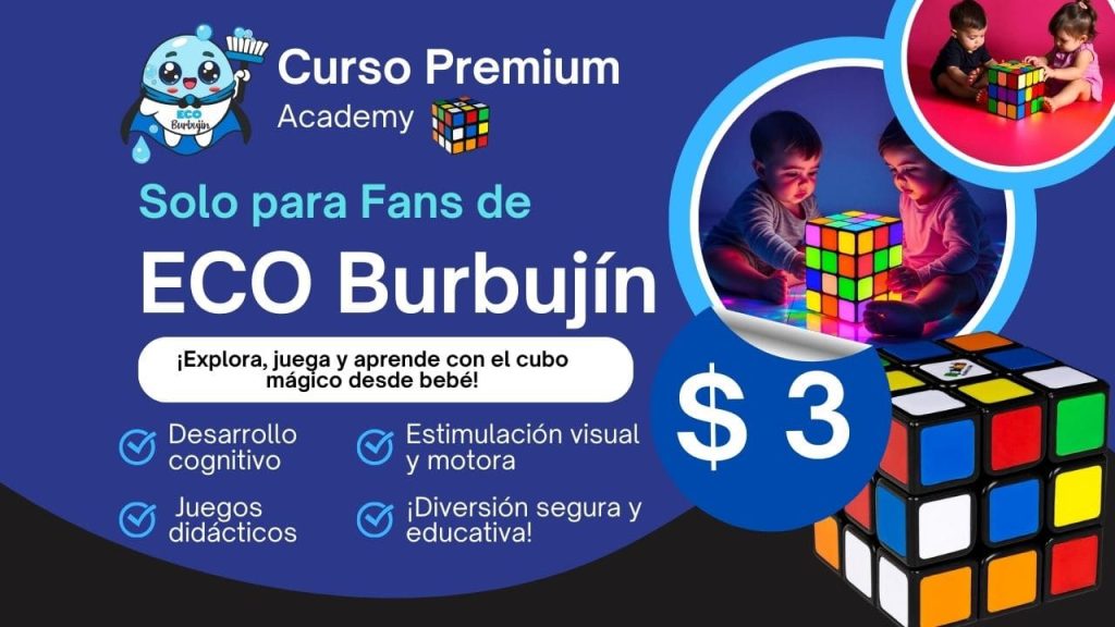 Niño resolviendo un cubo Rubik con apoyo de curso digital para estimular pensamiento lógico y motricidad. Curso por solo $3.
